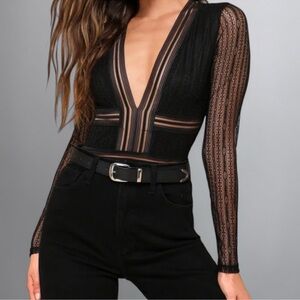 Lulu’s Cut-Out Black Lace Long Sleeve Bodysuit